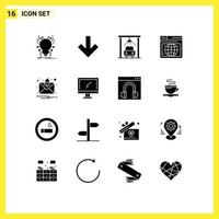 Set of 16 Vector Solid Glyphs on Grid for computer message car alert web Editable Vector Design Elements