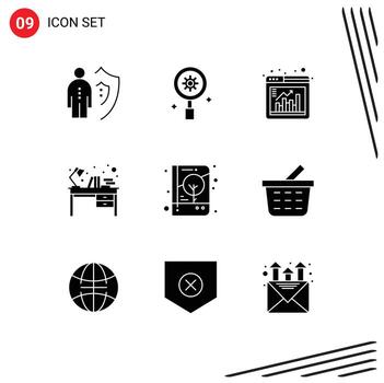 Universal Icon Symbols Group of 9 Modern Solid Glyphs of study table interior setting desk chart Editable Vector Design Elements