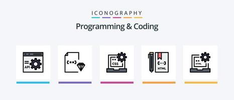 La línea de programación y codificación llenó el paquete de 5 íconos, incluido el desarrollo. malo. desarrollar. página web. desarrollo. diseño de iconos creativos vector