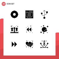 Modern Set of 9 Solid Glyphs and symbols such as galaxy rewind connection left test tubes Editable Vector Design Elements