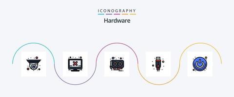 Hardware Line Filled Flat 5 Icon Pack Including power button. on off. card. usb. adapter vector