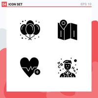 Set of 4 Vector Solid Glyphs on Grid for balloons heart beat night directions plus Editable Vector Design Elements