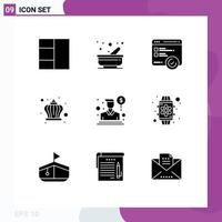 Set of 9 Vector Solid Glyphs on Grid for salesman person testing agent king Editable Vector Design Elements