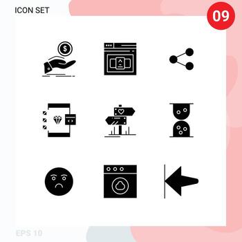 9 conjunto de glifos sólidos universales para el desarrollo de aplicaciones web y móviles codificación navegador html que comparte elementos de diseño de vectores editables