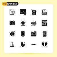 Set of 16 Commercial Solid Glyphs pack for calender day pollution earth industrial Editable Vector Design Elements