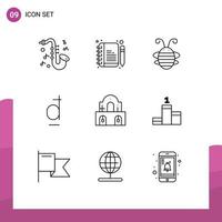 Set of 9 Commercial Outlines pack for church building bug vietnamese currency Editable Vector Design Elements