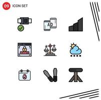 Mobile Interface Filledline Flat Color Set of 9 Pictograms of law gdpr architecture lock web design Editable Vector Design Elements