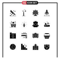 Set of 16 Commercial Solid Glyphs pack for launch spaceship smart rocket cake Editable Vector Design Elements