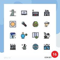 Universal Icon Symbols Group of 16 Modern Flat Color Filled Lines of flashlight layout music frame skyscraper Editable Creative Vector Design Elements