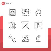 Mobile Interface Outline Set of 9 Pictograms of interior house rewind furniture party Editable Vector Design Elements