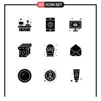 9 Thematic Vector Solid Glyphs and Editable Symbols of arts color smart tv basket food Editable Vector Design Elements