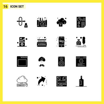 Editable Vector Line Pack of 16 Simple Solid Glyphs of music player ipod upload report document Editable Vector Design Elements