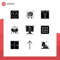 Mobile Interface Solid Glyph Set of 9 Pictograms of cube drink gear cocktail cafe Editable Vector Design Elements