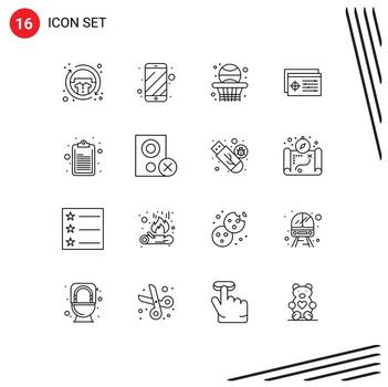 conjunto moderno de 16 contornos y símbolos, como elementos de diseño de vectores editables de baloncesto de controlador electrónico objetivo de lista de verificación