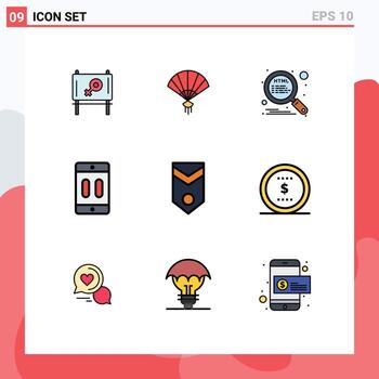 Set of 9 Vector Filledline Flat Colors on Grid for military pause optimization mobile device Editable Vector Design Elements