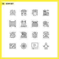 conjunto de esquemas de interfaz móvil de 16 pictogramas de elementos de diseño de vectores editables de alimentos crepé indios del banco de construcción