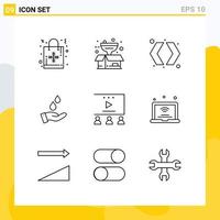 Pack of 9 Modern Outlines Signs and Symbols for Web Print Media such as social media marketing power arrows energy purified Editable Vector Design Elements