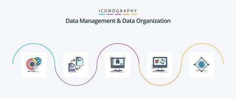 Data Management And Data Organization Line Filled Flat 5 Icon Pack Including application. update. document. data. safe vector