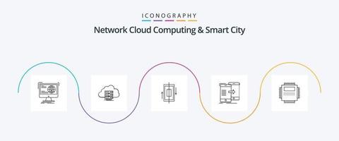 paquete de iconos de red de computación en nube y ciudad inteligente línea 5 que incluye sincronización. datos. datos. teléfono inteligente datos vector