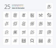 paquete de iconos de 25 líneas de islam y ramadán que incluye muselina. religión. árabe. mezquita. musulmán vector