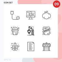 Mobile Interface Outline Set of 9 Pictograms of automation cup cake lock cup canada Editable Vector Design Elements