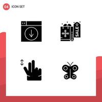 Mobile Interface Solid Glyph Set of 4 Pictograms of web hand down shopping butterfly Editable Vector Design Elements