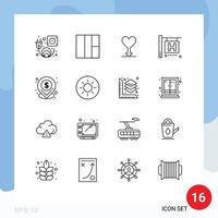 Modern Set of 16 Outlines Pictograph of printing sun hotel sign brightness location Editable Vector Design Elements