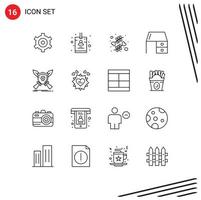 Group of 16 Outlines Signs and Symbols for game badge love office material furniture Editable Vector Design Elements