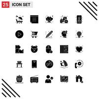 Set of 25 Vector Solid Glyphs on Grid for multimedia hobbies food audio farming Editable Vector Design Elements