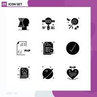 Mobile Interface Solid Glyph Set of 9 Pictograms of plan document candy development coding Editable Vector Design Elements