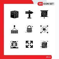 Pictogram Set of 9 Simple Solid Glyphs of lock earth analytics crane cargo Editable Vector Design Elements