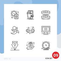 9 Universal Outlines Set for Web and Mobile Applications dumbbell crypto developer coin science Editable Vector Design Elements