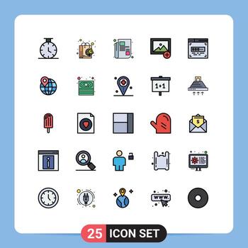 User Interface Pack of 25 Basic Filled line Flat Colors of pin globe newspaper front end development code Editable Vector Design Elements