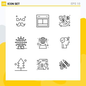 Mobile Interface Outline Set of 9 Pictograms of worldwide arrow website network cash Editable Vector Design Elements