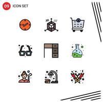 9 Universal Filledline Flat Color Signs Symbols of desk romance programing park glasses Editable Vector Design Elements