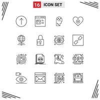 Set of 16 Vector Outlines on Grid for globe heart user like thinking Editable Vector Design Elements