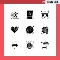 Universal Icon Symbols Group of 9 Modern Solid Glyphs of tick ok top hat love party Editable Vector Design Elements