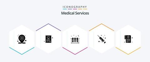 Medical Services 25 Glyph icon pack including prescription. medical report. medical. medicine. injection vector