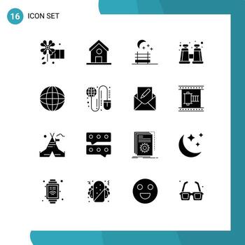 Editable Vector Line Pack of 16 Simple Solid Glyphs of grid global night seat search globe Editable Vector Design Elements