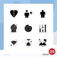 Group of 9 Modern Solid Glyphs Set for donut target human goal aim Editable Vector Design Elements