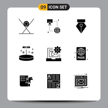 conjunto de 9 glifos sólidos vectoriales en cuadrícula para elementos de diseño vectorial editables de biología de laboratorio de monitor de ciencia de código vector