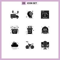 9 Thematic Vector Solid Glyphs and Editable Symbols of romantic heart human basket internet Editable Vector Design Elements