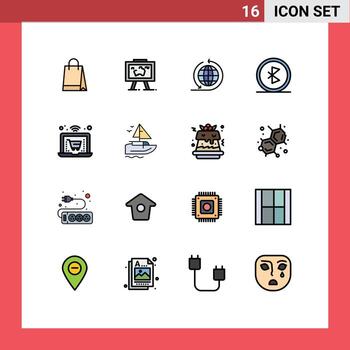 paquete de línea llena de color plano de 16 símbolos universales de conexión de imagen de red en línea elementos de diseño de vector creativo editable bluetooth