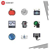 Set of 9 Vector Filledline Flat Colors on Grid for map mobile picture scope electronics Editable Vector Design Elements