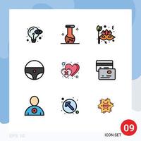 Pack of 9 Modern Filledline Flat Colors Signs and Symbols for Web Print Media such as heart wheel mask steering circus Editable Vector Design Elements