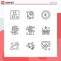 Group of 9 Outlines Signs and Symbols for crossroads route morning phone map Editable Vector Design Elements