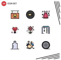 9 Thematic Vector Filledline Flat Colors and Editable Symbols of heart idea multimedia bulb gown Editable Vector Design Elements