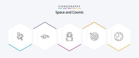 paquete de iconos de 25 líneas de espacio que incluye espacio. luna. sistema solar. traje. astronauta vector