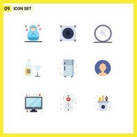 Mobile Interface Flat Color Set of 9 Pictograms of refrigerator electronic device mouse wine drink Editable Vector Design Elements