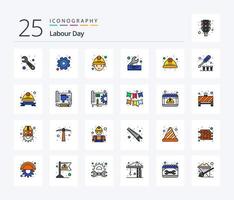 paquete de iconos llenos de 25 líneas del día del trabajo que incluye mano de obra. día. minero. llave inglesa. ingeniero vector